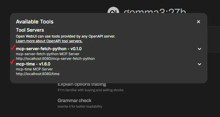 config.json에 추가했던 tool목록이 노출됨. 참고로 mcp-server-fetch-python 인 건 mcp-server-fetch 대신 다른 tool추가해서 그럼